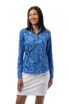 SANSOLEIL FOIL PRINT 1/4 ZIP MOCK. WHIRLWIND. BLUE. 900320 - SanSoleil