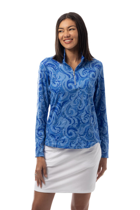 SANSOLEIL FOIL PRINT 1/4 ZIP MOCK. WHIRLWIND. BLUE. 900320