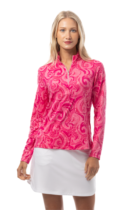 SANSOLEIL FOIL PRINT 1/4 ZIP MOCK. WHIRLWIND. PINK. 900320