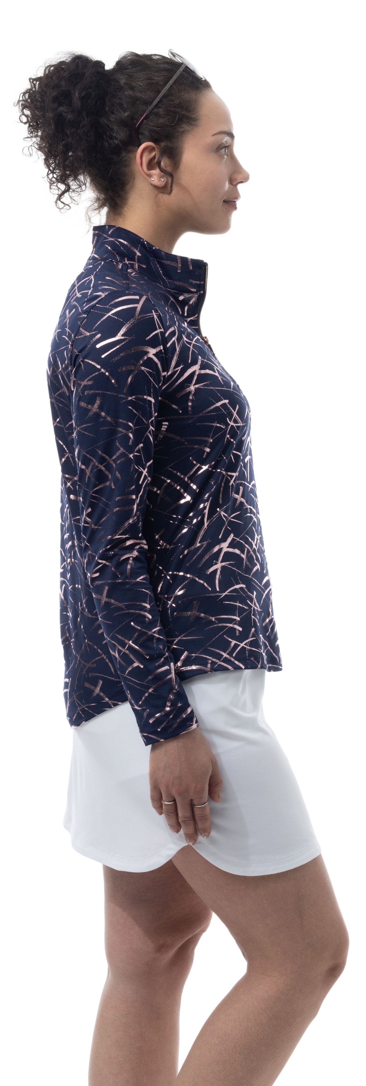 SOLSHINE PRINT 1/4 ZIP MOCK. HALLEY. NAVY ROSE GOLD. 900320 - SanSoleil