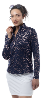 SOLSHINE PRINT 1/4 ZIP MOCK. HALLEY. NAVY ROSE GOLD. 900320 - SanSoleil