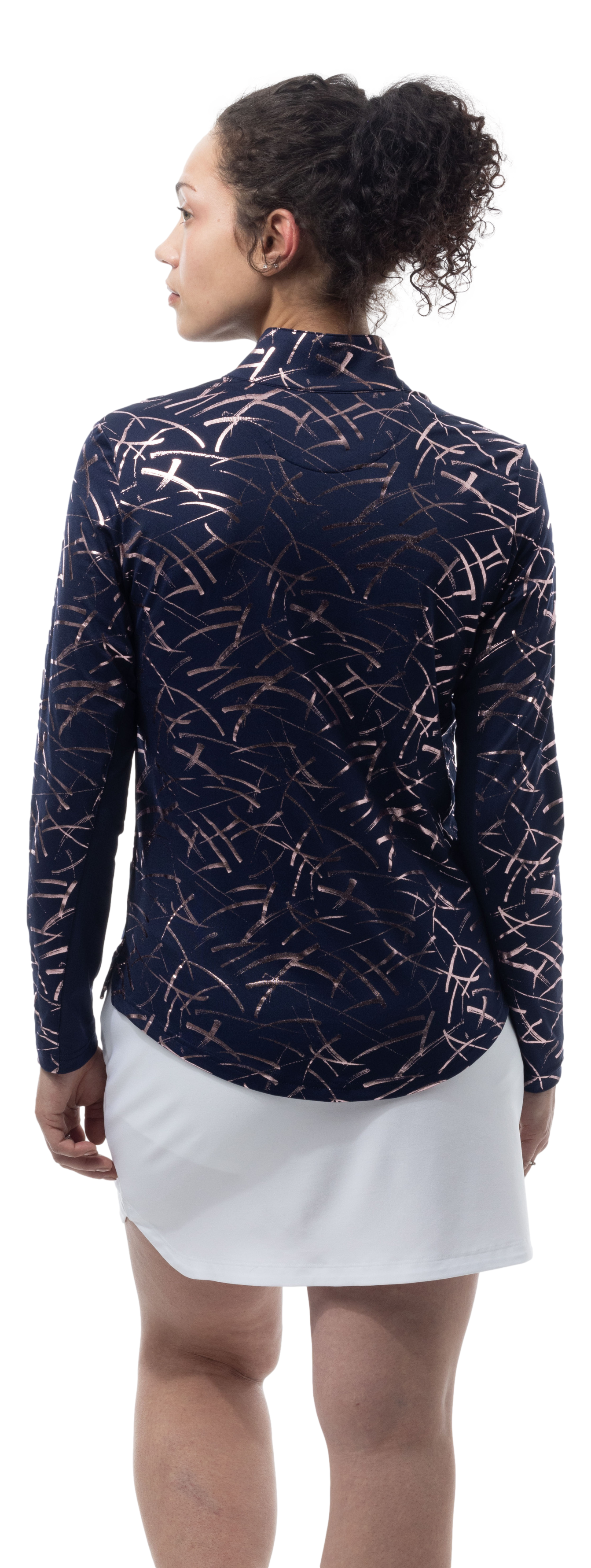 SOLSHINE PRINT 1/4 ZIP MOCK. HALLEY. NAVY ROSE GOLD. 900320 - SanSoleil
