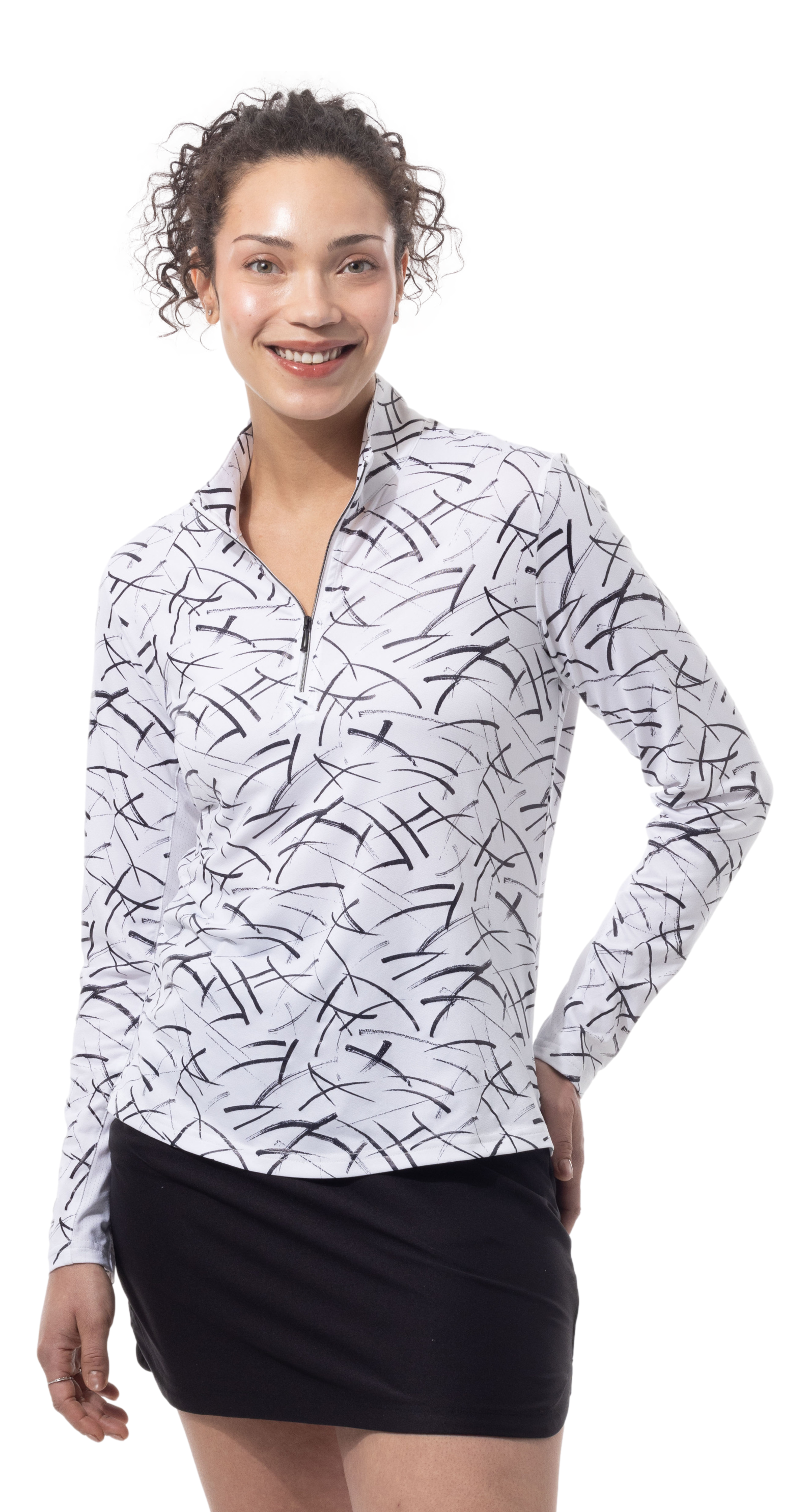 SOLSHINE PRINT 1/4 ZIP MOCK. HALLEY. WHITE BLACK. 900320 - SanSoleil