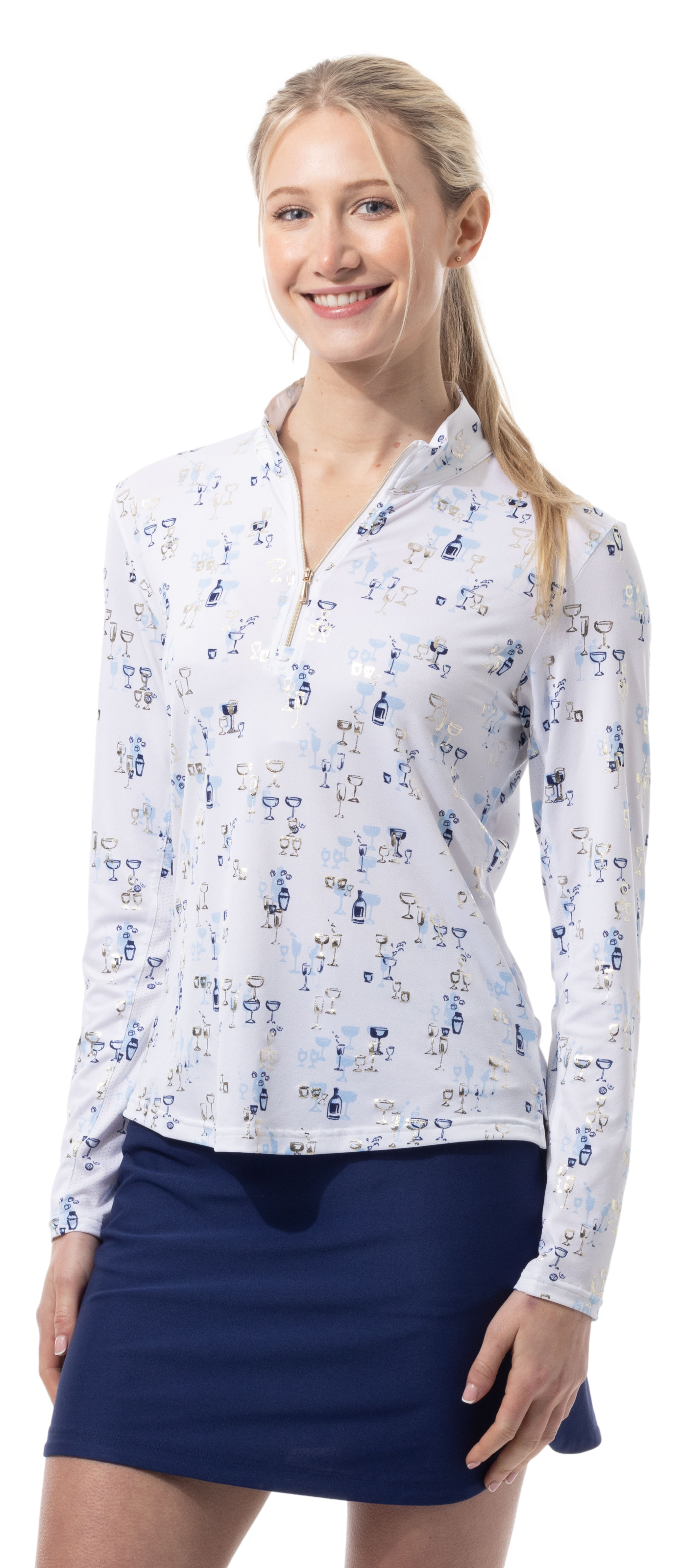 SOLSHINE PRINT 1/4 ZIP MOCK. SHAKEITOFF. NAVY GOLD. 900320 - SanSoleil