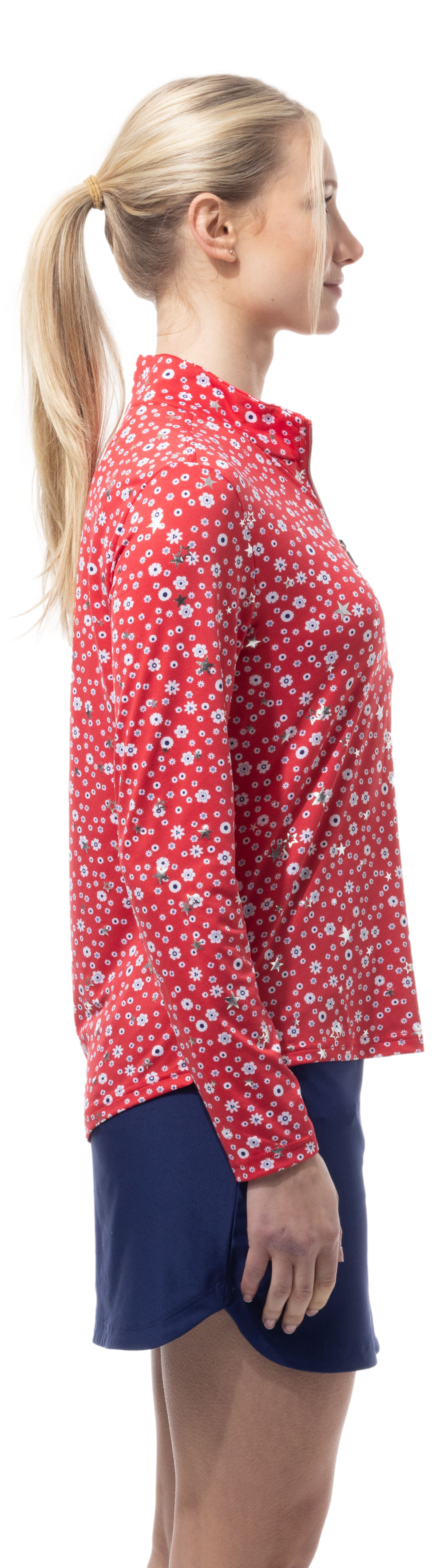 SOLSHINE PRINT 1/4 ZIP MOCK. STAR STRUCK. RED SILVER . 900320 - SanSoleil