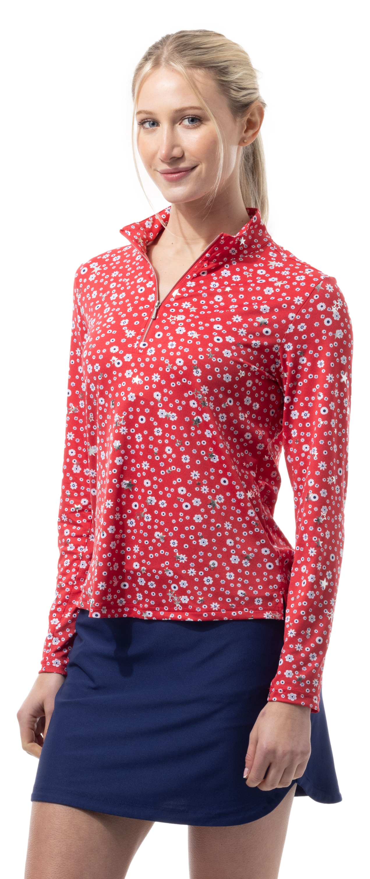 SOLSHINE PRINT 1/4 ZIP MOCK. STAR STRUCK. RED SILVER . 900320 - SanSoleil