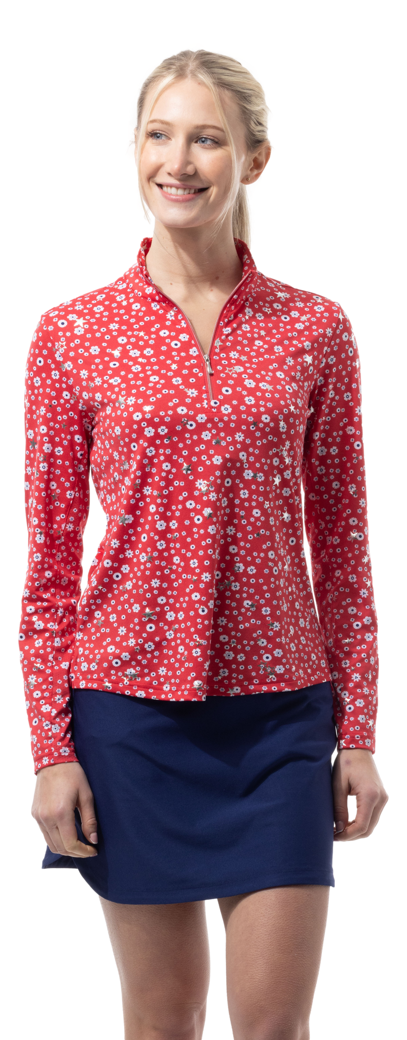 SOLSHINE PRINT 1/4 ZIP MOCK. STAR STRUCK. RED SILVER . 900320 - SanSoleil