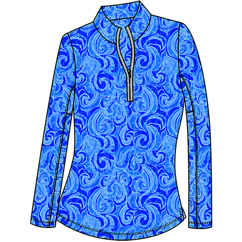 SANSOLEIL FOIL PRINT 1/4 ZIP MOCK. WHIRLWIND. BLUE. 900320 - SanSoleil