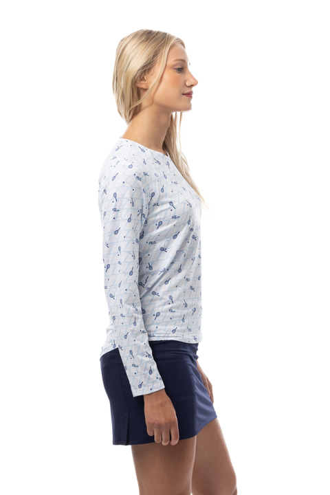 SANSOLEIL PRINT Long Sleeve Crew.  GAME SET MATCH. BLUE.  900428PR