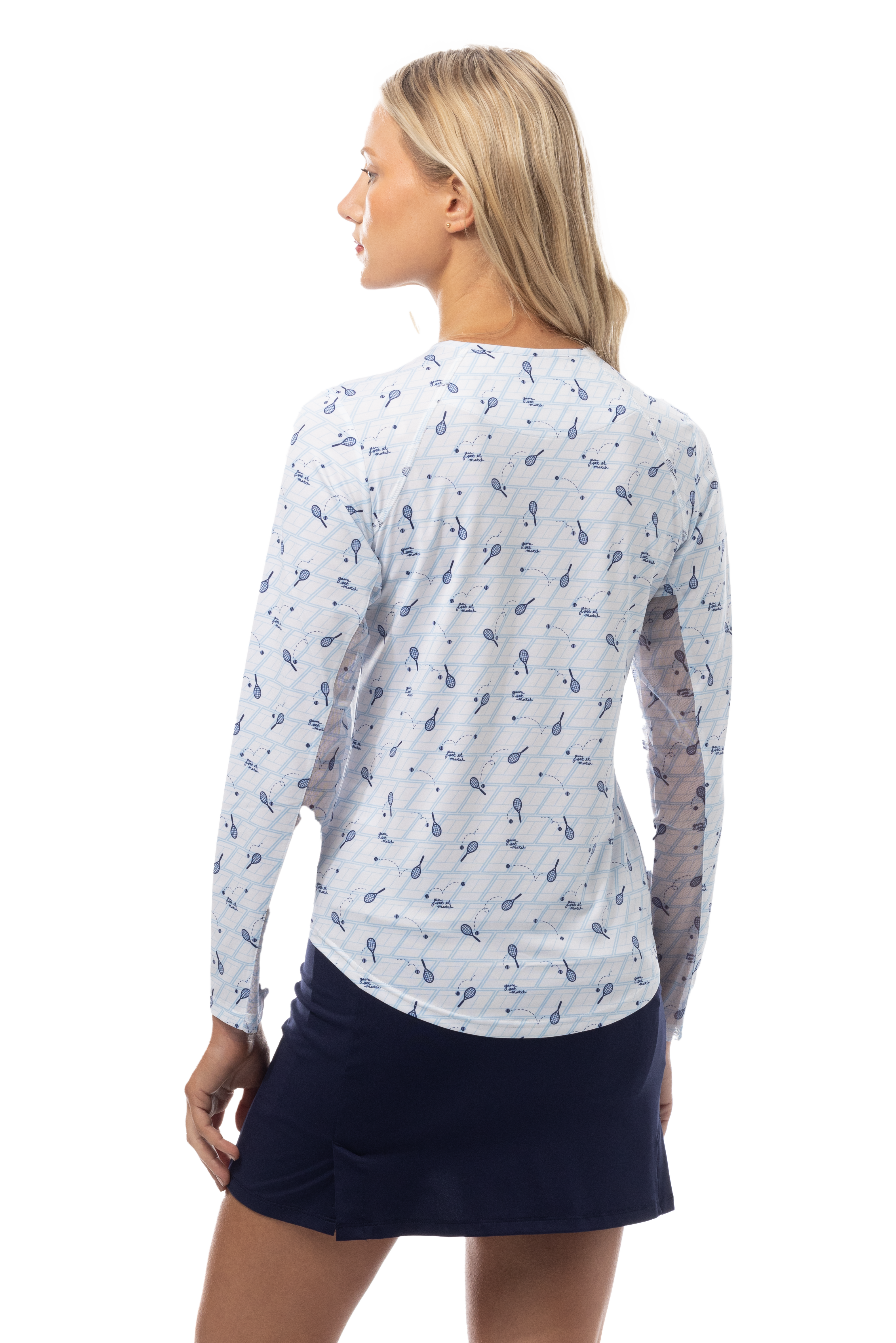 SANSOLEIL PRINT Long Sleeve Crew.  GAME SET MATCH. BLUE.  900428PR - SanSoleil