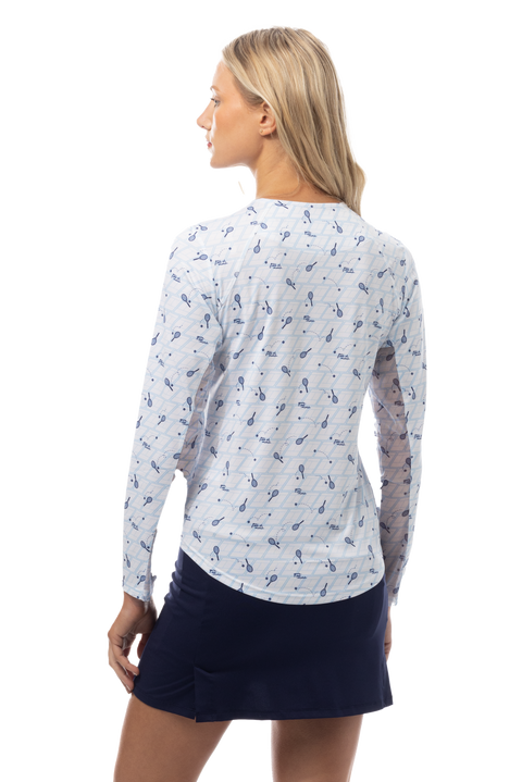 SANSOLEIL PRINT Long Sleeve Crew.  GAME SET MATCH. BLUE.  900428PR