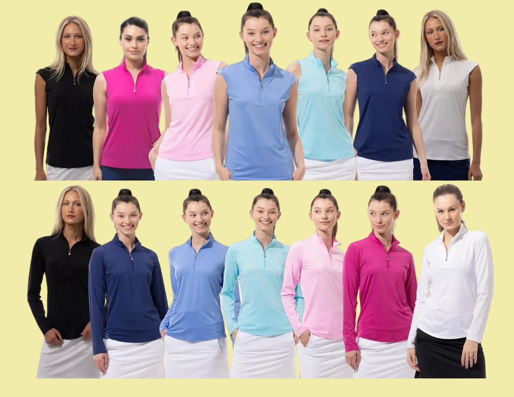 Grid of women wearing sleeveless golf shirts in various colors on a white background