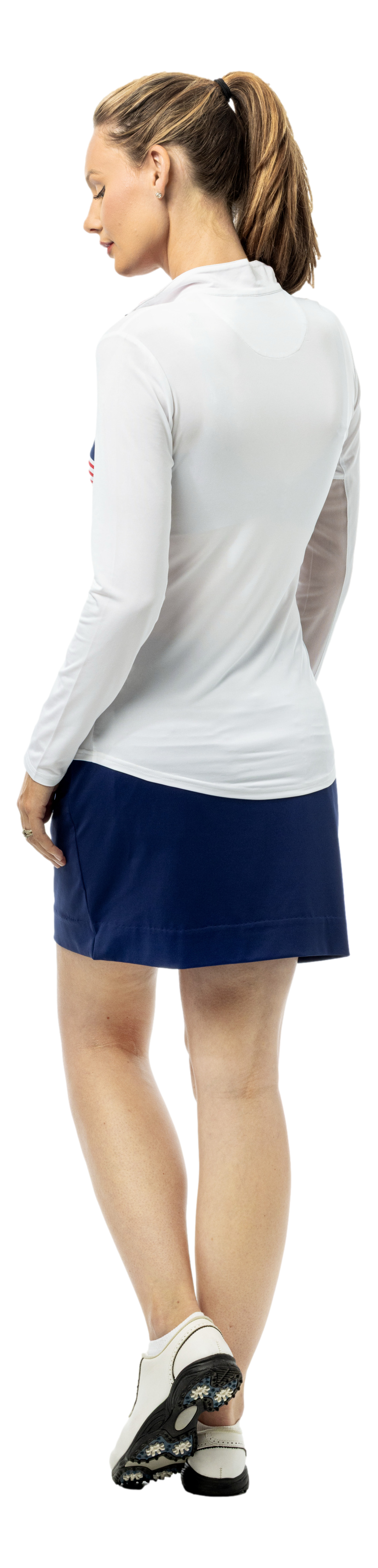 SanSoleil SOLCOOL 1/4 zip mock with piping, print long sleeve shirt featuring "Glory Days" design in vibrant colors.