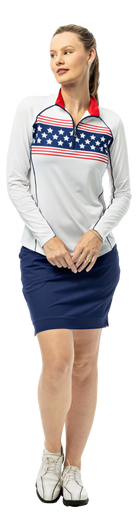 SanSoleil SOLCOOL 1/4 zip mock with piping, print long sleeve shirt in Glory Days design, featuring stylish piping details.