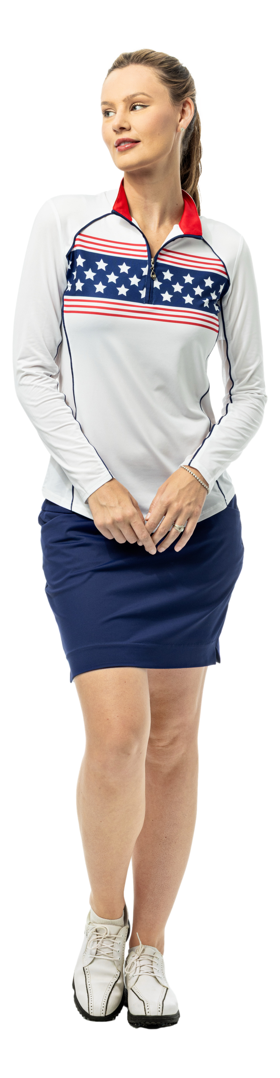 SanSoleil SOLCOOL 1/4 zip mock with piping, print long sleeve shirt in Glory Days design, featuring stylish piping details.