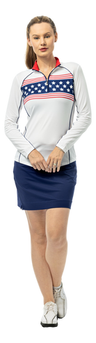 SanSoleil SOLCOOL 1/4 zip mock long sleeve with piping, featuring a stylish print design and vibrant colors.