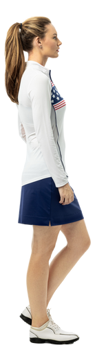 SanSoleil SOLCOOL 1/4 zip mock with piping, print long sleeve in Glory Days design, featuring a stylish and comfortable athletic top.