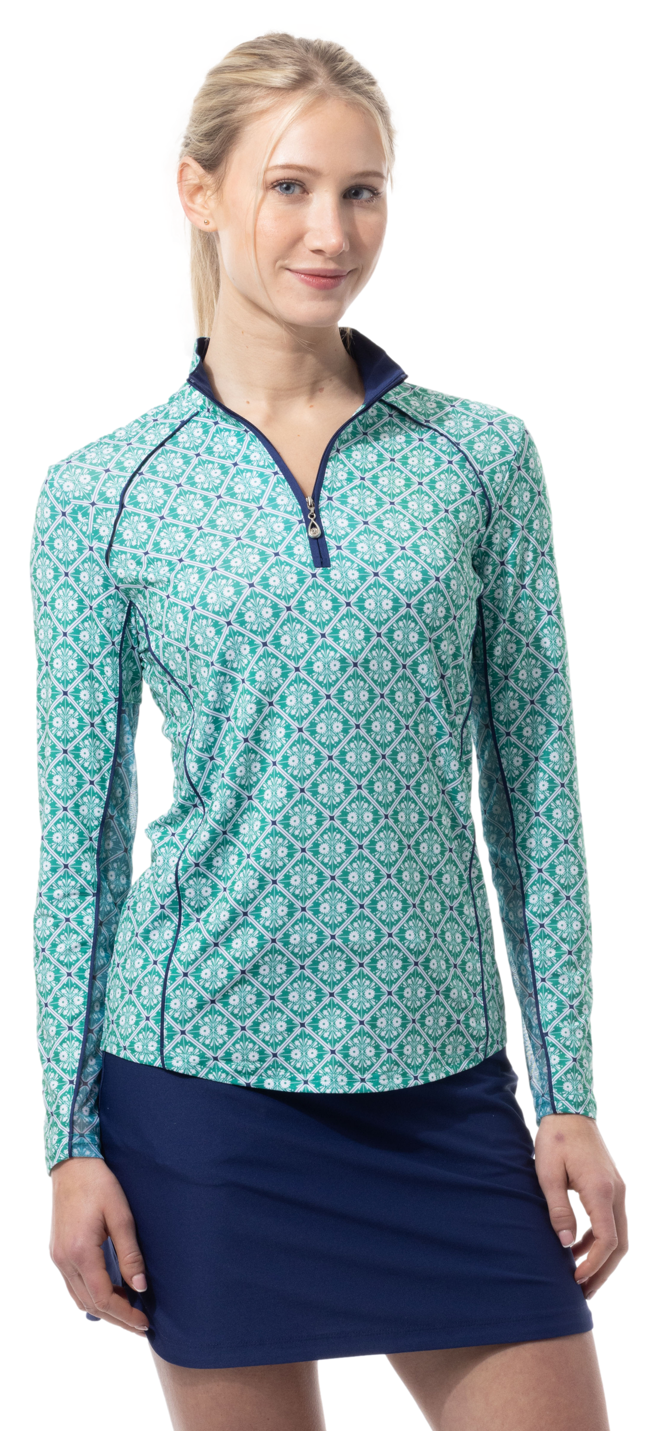 SOLCOOL 1/4 ZIP MOCK WITH PIPING. CASABLANCA. GREEN. 900445P - SanSoleil