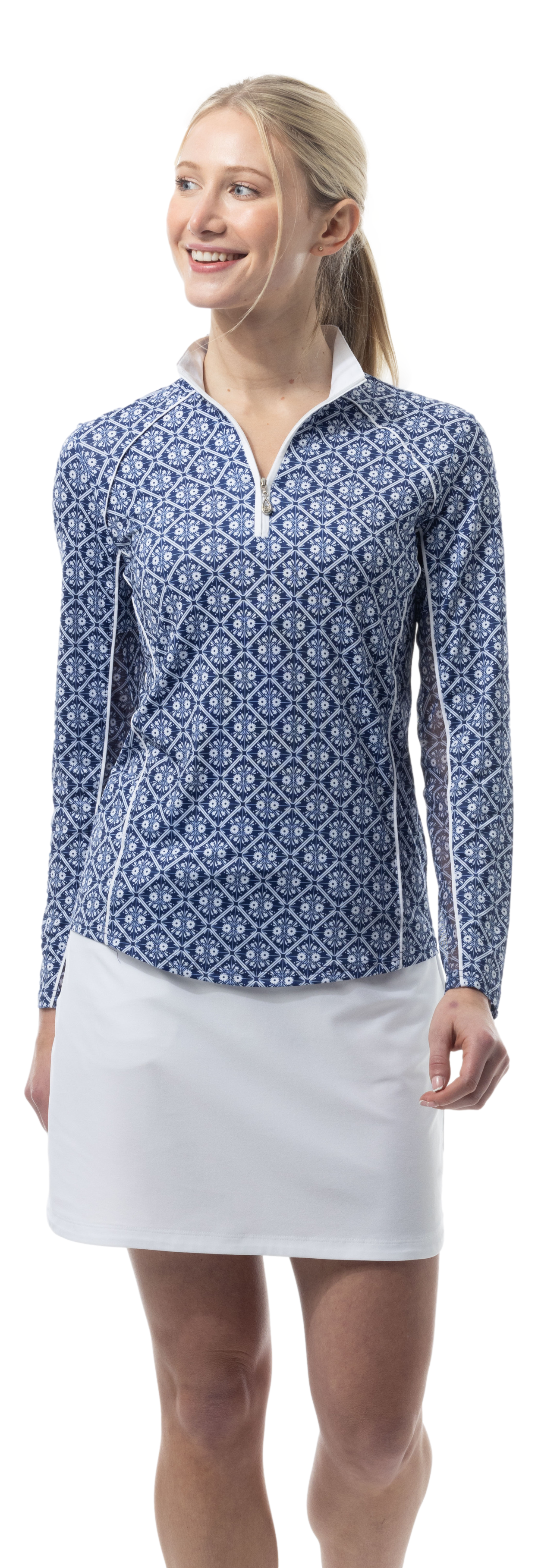 SOLCOOL 1/4 ZIP MOCK WITH PIPING. CASABLANCA. NAVY. 900445P - SanSoleil