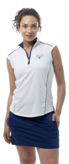 SANSOLEIL'S SOLCOOL SLEEVELESS MOCK . TENNIS EMB WHITE W/NAVY PIPING. 900446 - SanSoleil