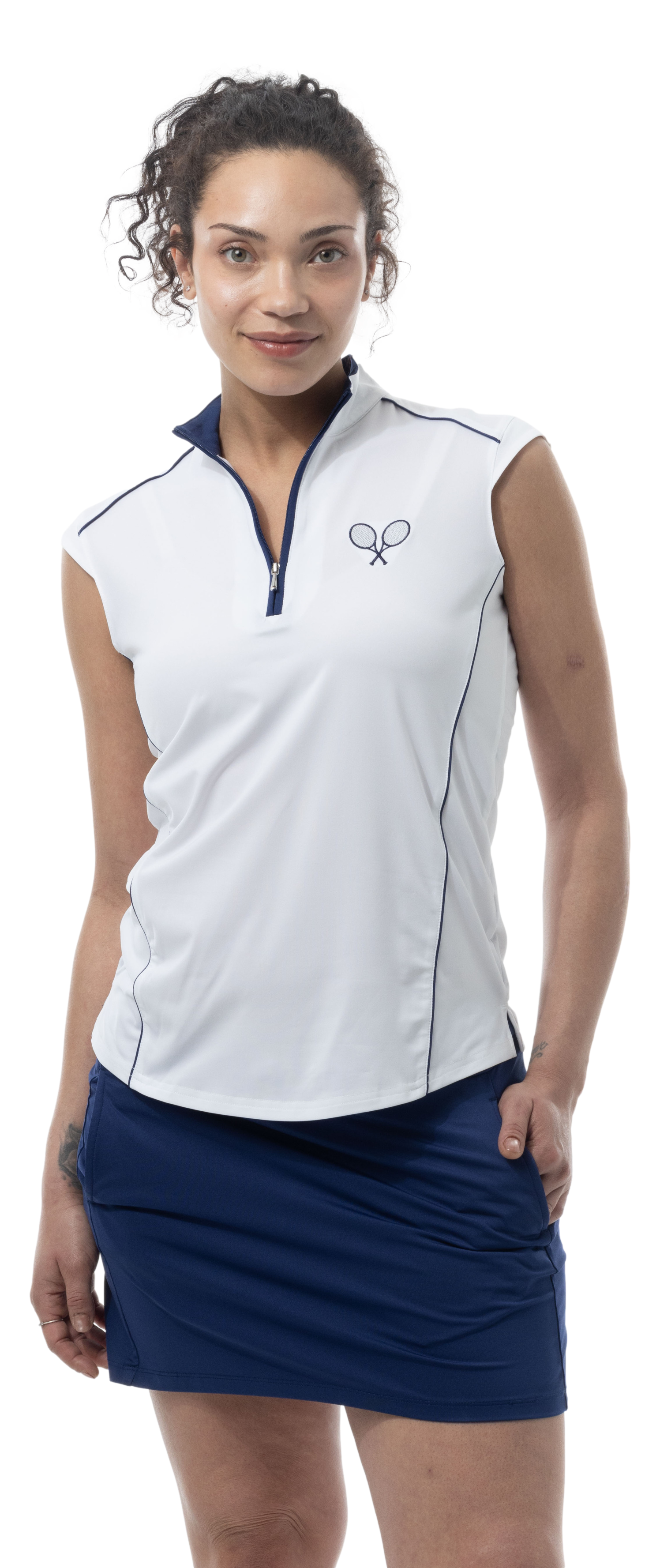 SANSOLEIL'S SOLCOOL SLEEVELESS MOCK . TENNIS EMB WHITE W/NAVY PIPING. 900446 - SanSoleil