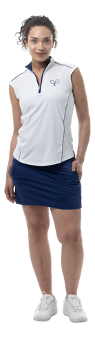 SANSOLEIL'S SOLCOOL SLEEVELESS MOCK . TENNIS EMB WHITE W/NAVY PIPING. 900446 - SanSoleil