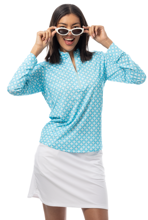 SANSOLEIL SOLMELANGE 1/4 ZIP PRINT MOCK. HARMONY. TURQUOISE. 900453P