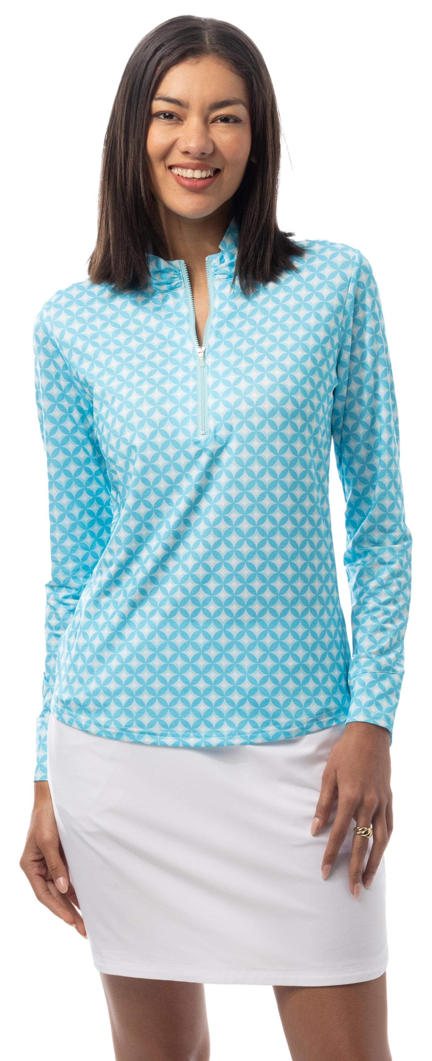 SANSOLEIL SOLMELANGE 1/4 ZIP PRINT MOCK. HARMONY. TURQUOISE. 900453P - SanSoleil