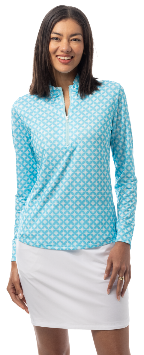 SANSOLEIL SOLMELANGE 1/4 ZIP PRINT MOCK. HARMONY. TURQUOISE. 900453P