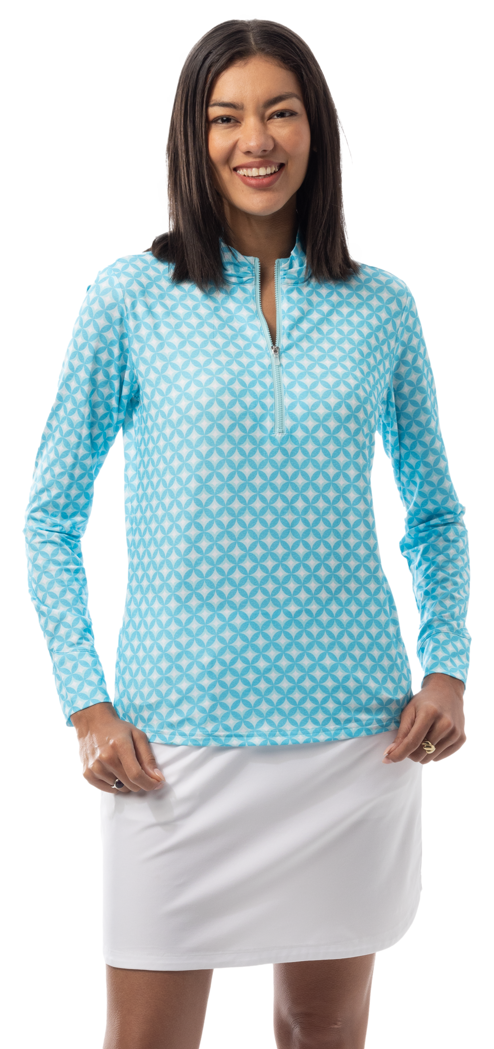 SANSOLEIL SOLMELANGE 1/4 ZIP PRINT MOCK. HARMONY. TURQUOISE. 900453P - SanSoleil