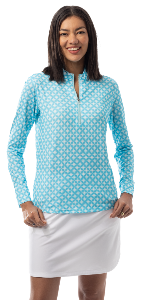 SANSOLEIL SOLMELANGE 1/4 ZIP PRINT MOCK. HARMONY. TURQUOISE. 900453P