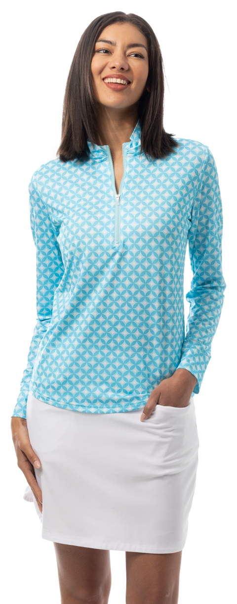 SANSOLEIL SOLMELANGE 1/4 ZIP PRINT MOCK. HARMONY. TURQUOISE. 900453P