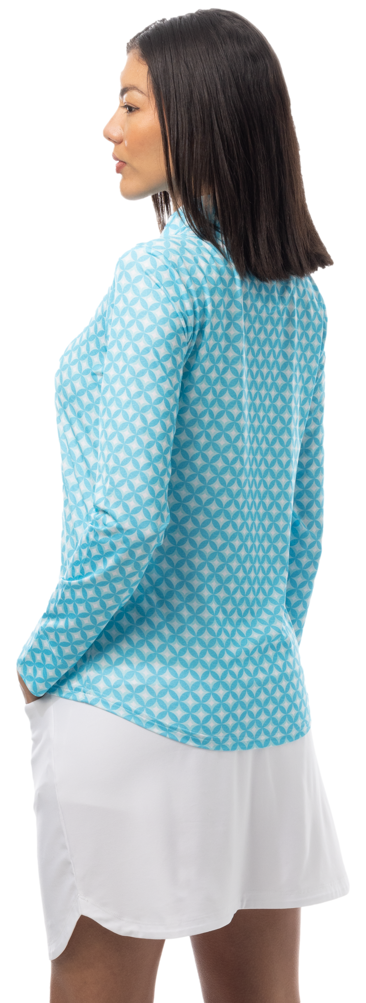 SANSOLEIL SOLMELANGE 1/4 ZIP PRINT MOCK. HARMONY. TURQUOISE. 900453P - SanSoleil