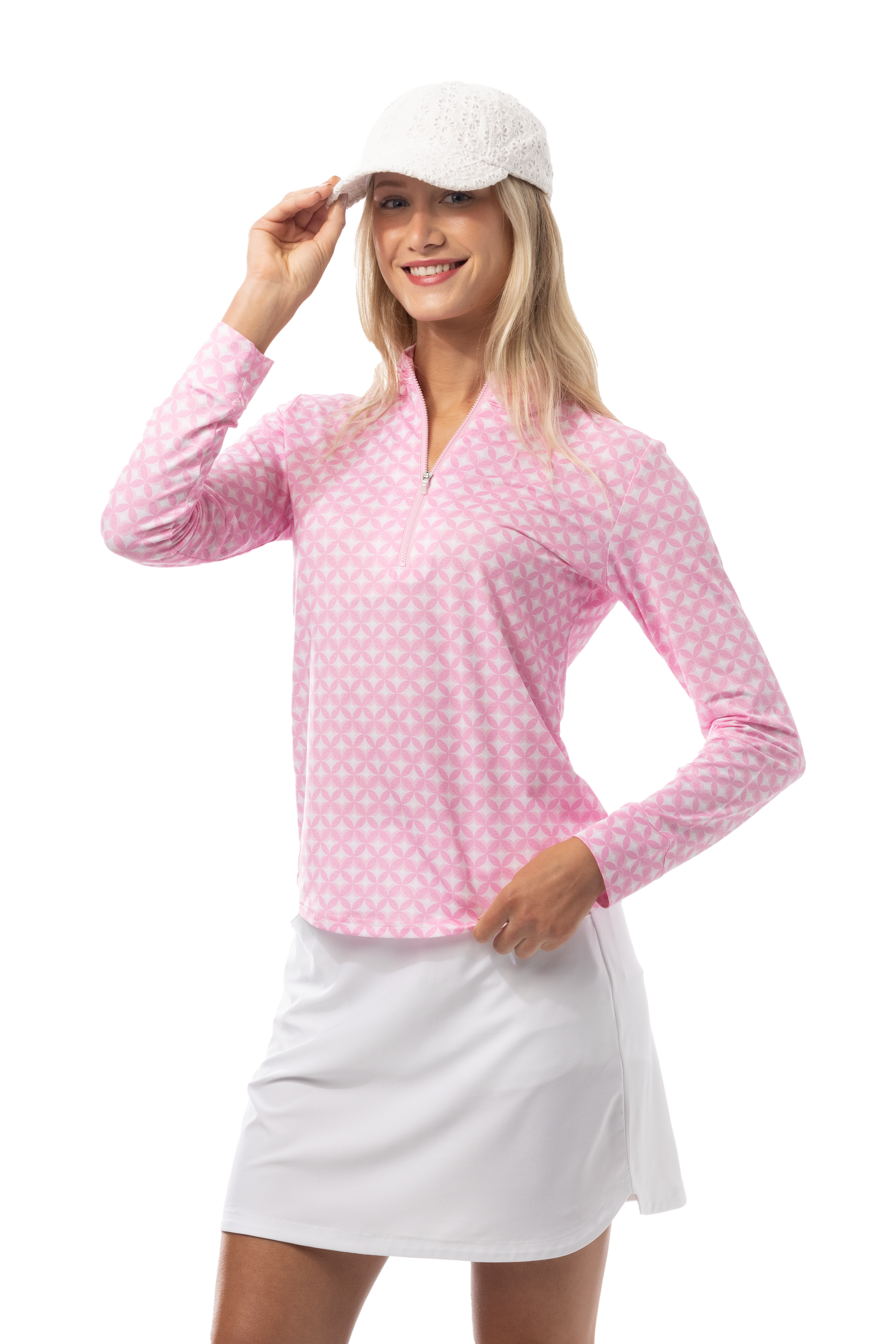 SANSOLEIL SOLMELANGE 1/4 ZIP PRINT MOCK. HARMONY PINK. 900453P - SanSoleil