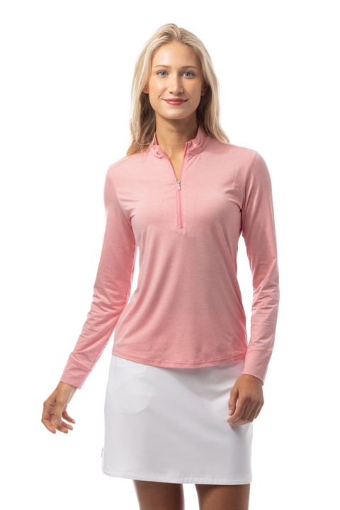 SANSOLEIL MELANGE 1/4 ZIP STRIPE MOCK. RED WHITE. 900453MM