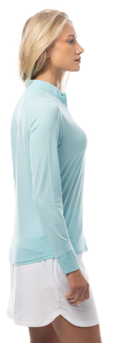 SANSOLEIL MELANGE 1/4 ZIP STRIPE MOCK. TURQUOISE WHITE. 900453MM