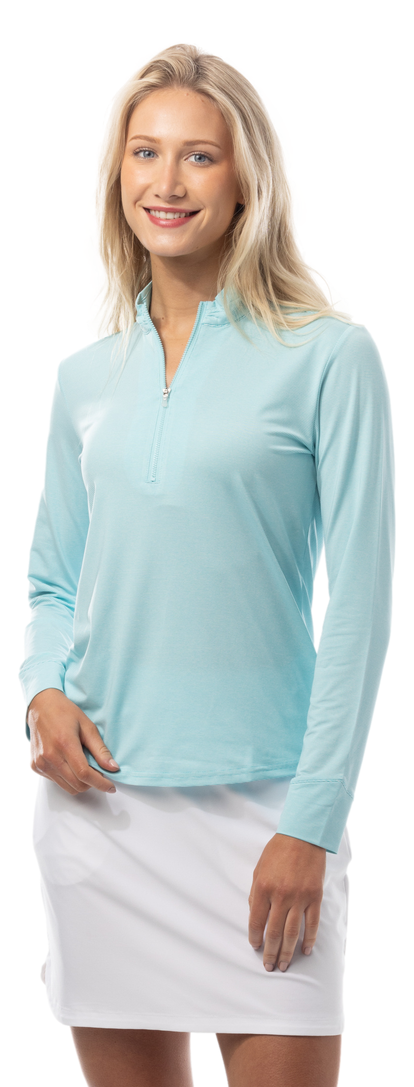 SANSOLEIL MELANGE 1/4 ZIP STRIPE MOCK. TURQUOISE WHITE. 900453MM - SanSoleil