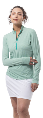 SANSOLEIL MELANGE 1/4 ZIP STRIPE MOCK. GREEN WHITE. 900453MM - SanSoleil