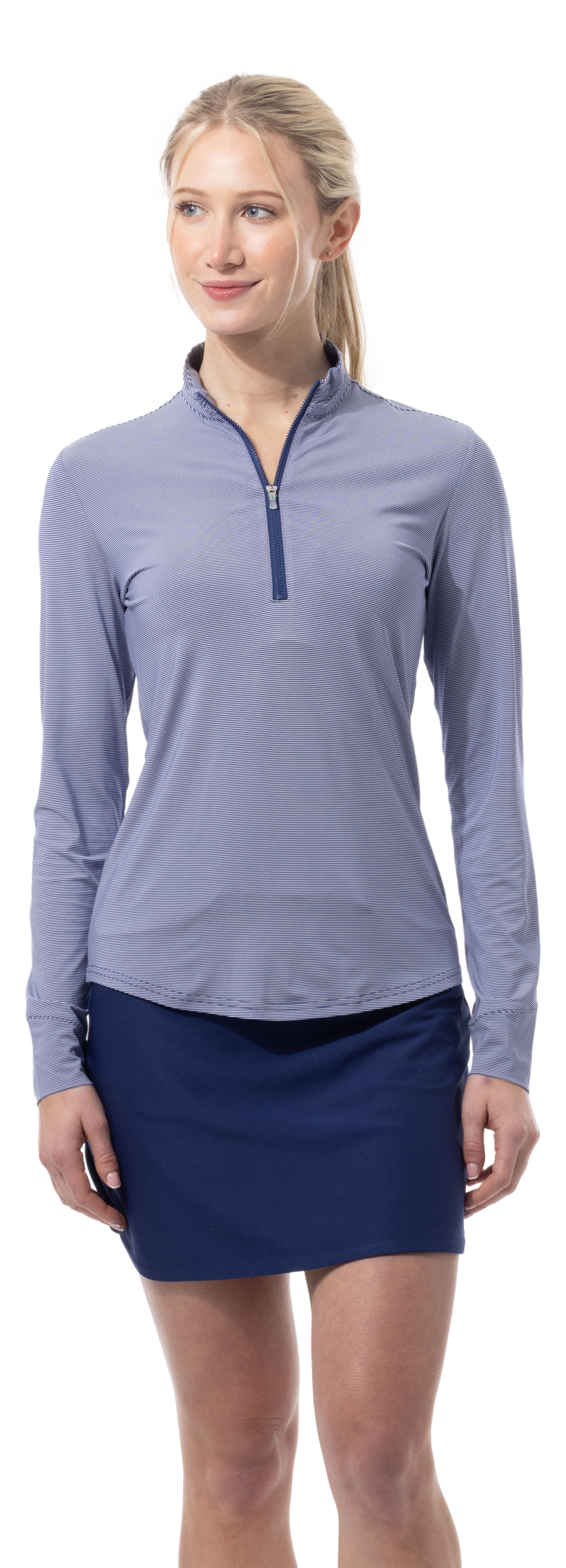 SANSOLEIL MELANGE 1/4 ZIP STRIPE MOCK. MIDNIGHT WHITE. 900453MM - SanSoleil