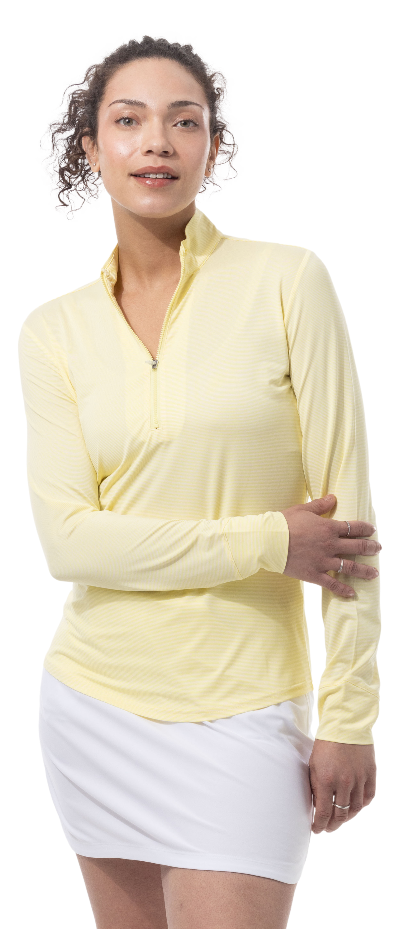 SANSOLEIL MELANGE 1/4 ZIP STRIPE MOCK. YELLOW WHITE. 900453MM - SanSoleil