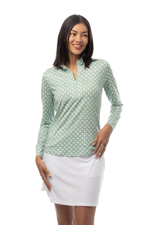 SANSOLEIL SOLMELANGE 1/4 ZIP PRINT MOCK. HARMONY MOSS. 900453P