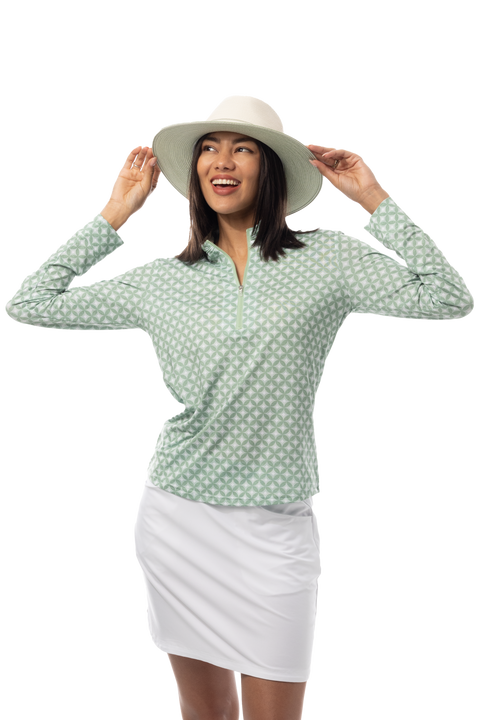 SANSOLEIL SOLMELANGE 1/4 ZIP PRINT MOCK. HARMONY MOSS. 900453P