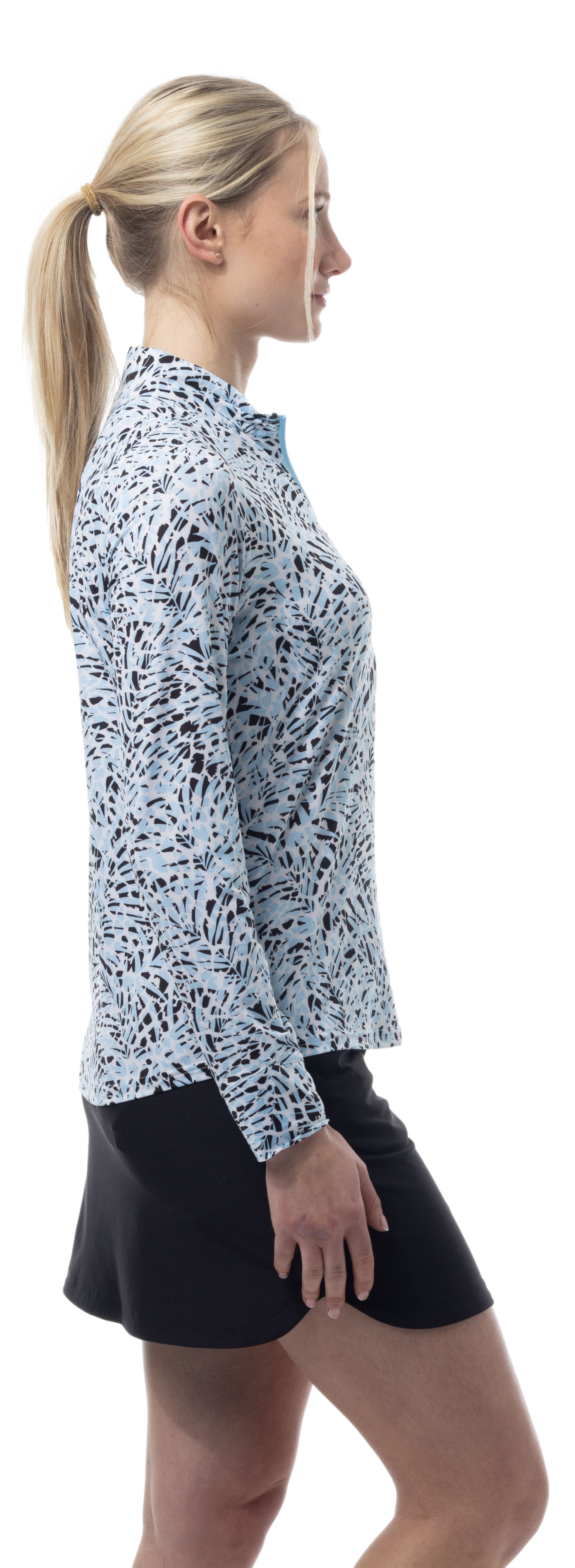 SANSOLEIL SOLMELANGE 1/4 ZIP PRINT MOCK. JUNGLE CAT. BLUE 900453P - SanSoleil