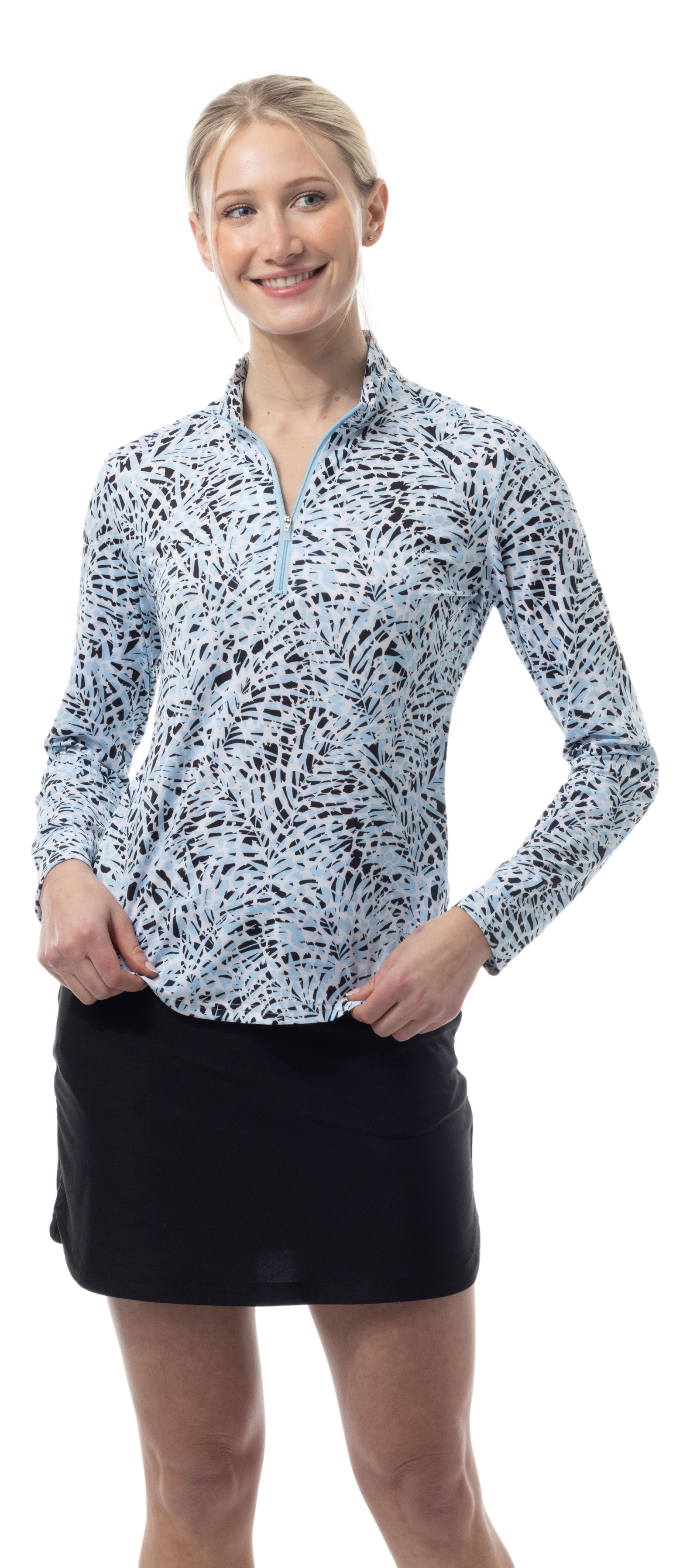 SANSOLEIL SOLMELANGE 1/4 ZIP PRINT MOCK. JUNGLE CAT. BLUE 900453P - SanSoleil