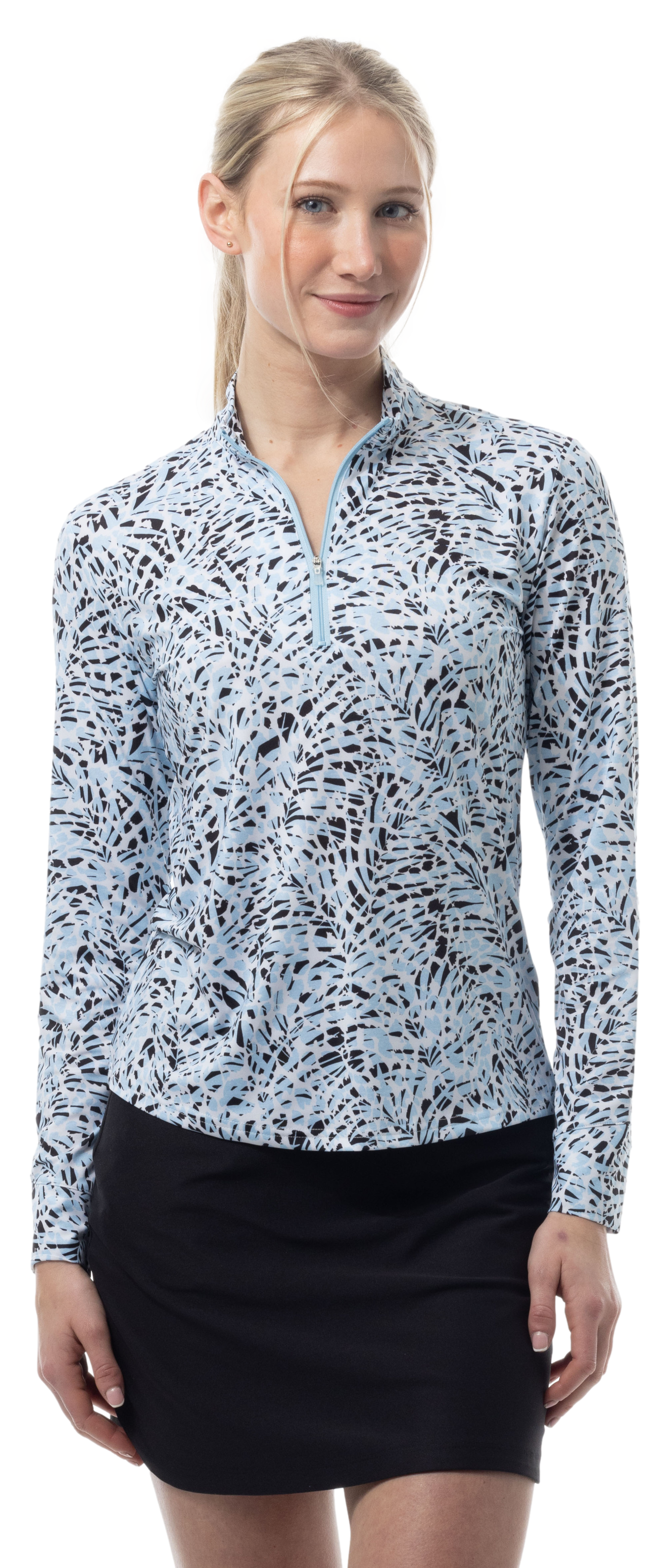 SANSOLEIL SOLMELANGE 1/4 ZIP PRINT MOCK. JUNGLE CAT. BLUE 900453P - SanSoleil