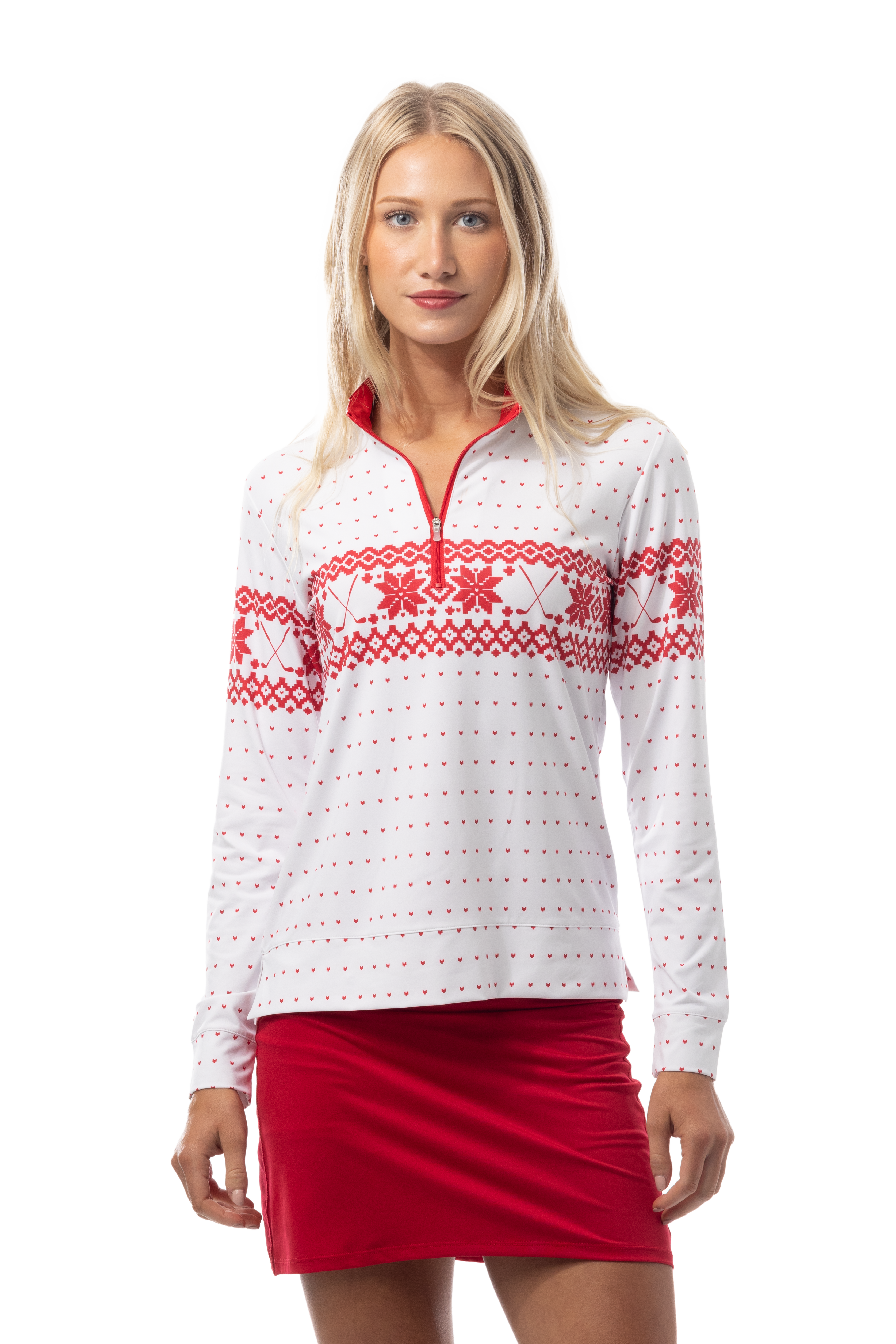 SANSOLEIL 1/4  ZIP MOCK. FAIR ISLE. RED. 900454 - SanSoleil