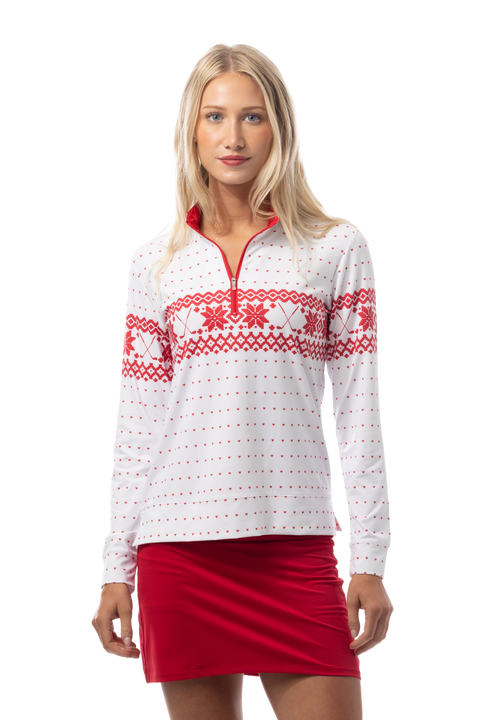 SANSOLEIL 1/4  ZIP MOCK. FAIR ISLE. RED. 900454