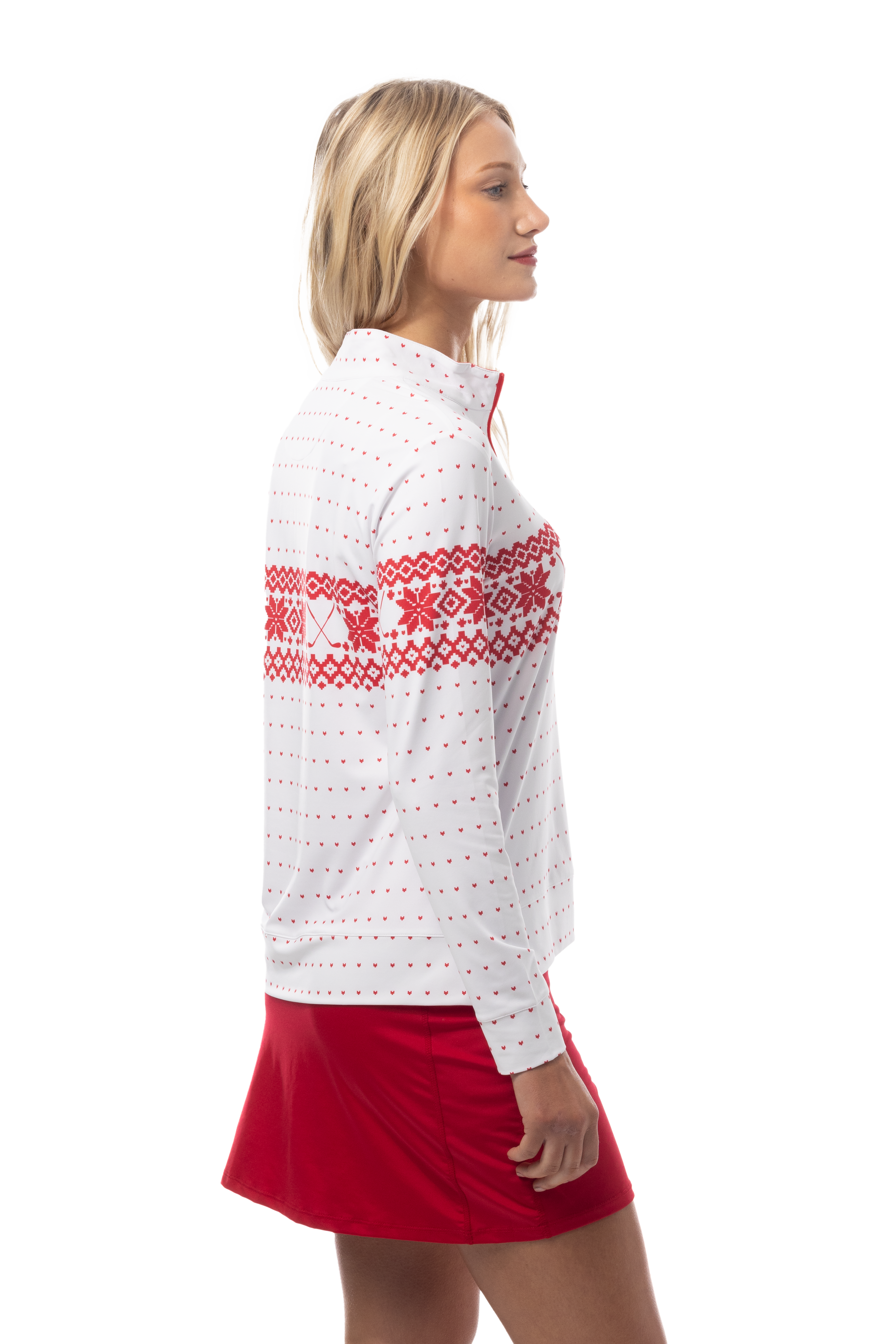SANSOLEIL 1/4  ZIP MOCK. FAIR ISLE. RED. 900454 - SanSoleil