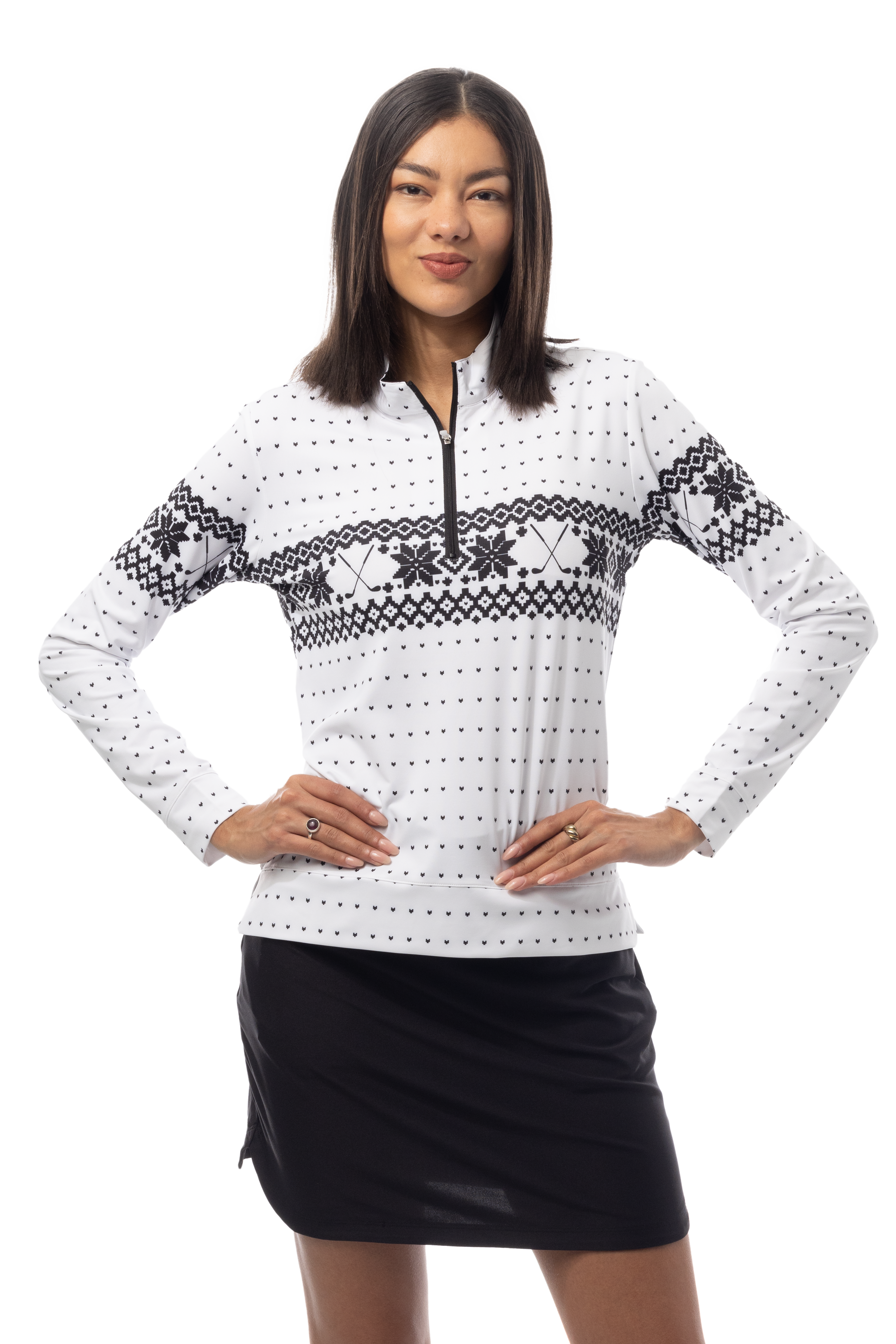 SANSOLEIL 1/4  ZIP MOCK. FAIR ISLE. BLACK. 900454 - SanSoleil