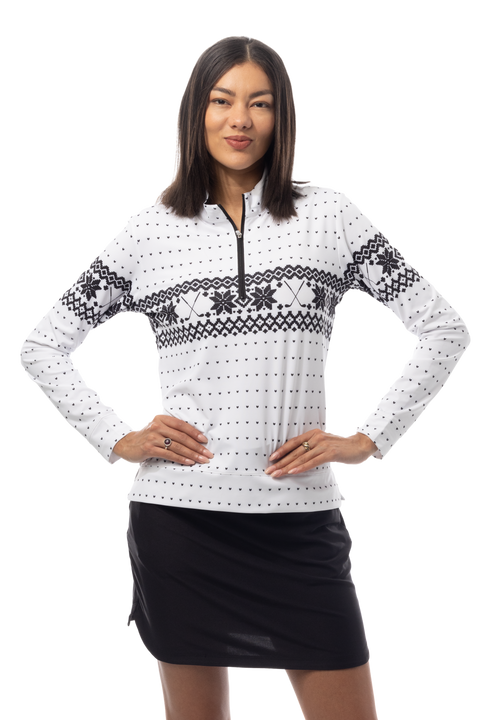 SANSOLEIL 1/4  ZIP MOCK. FAIR ISLE. BLACK. 900454